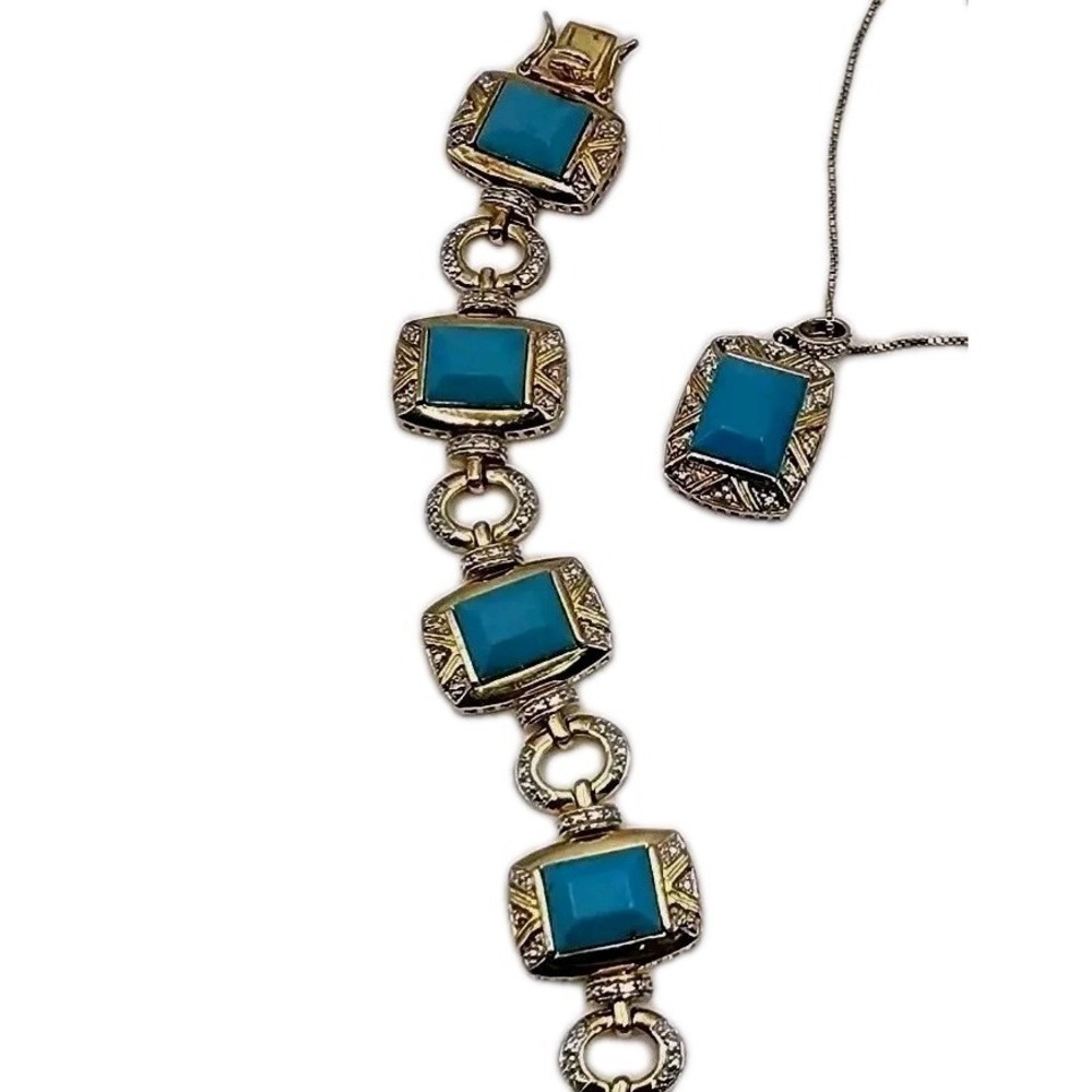 Ross Simons Gold Vermeil Sterling Silver 925 Torquoise Link Bracelet Pendant Set